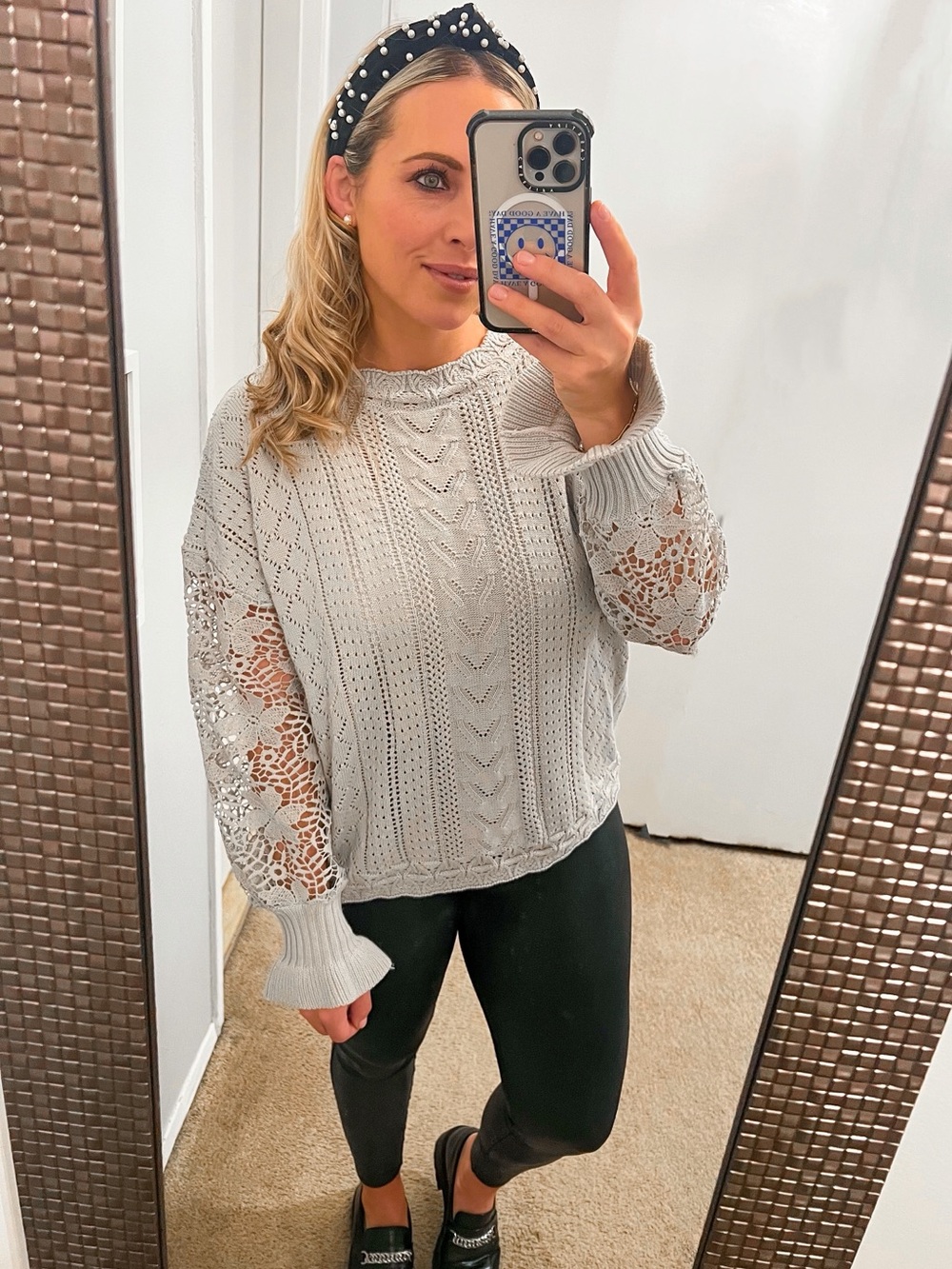 Light Gray Lace-Sleeve Knit Sweater - Women
